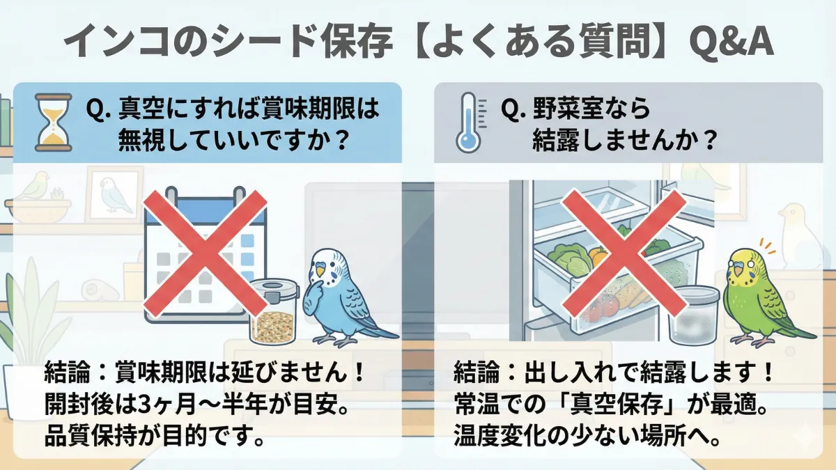 インコのシード保存に関するよくある質問。賞味期限・野菜室保存などの疑問を解決。