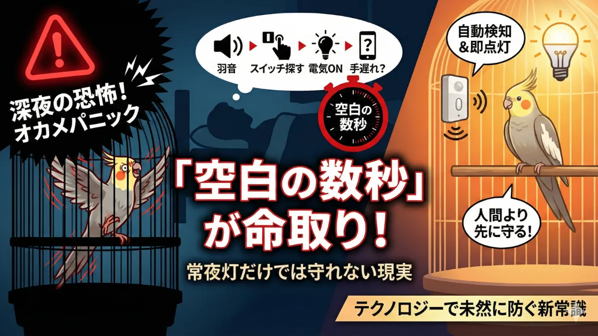 夜間に暗闇の中で暴れるオカメインコと、飼い主が起きて電気をつけるまでの空白の数秒間を示すイメージ画像