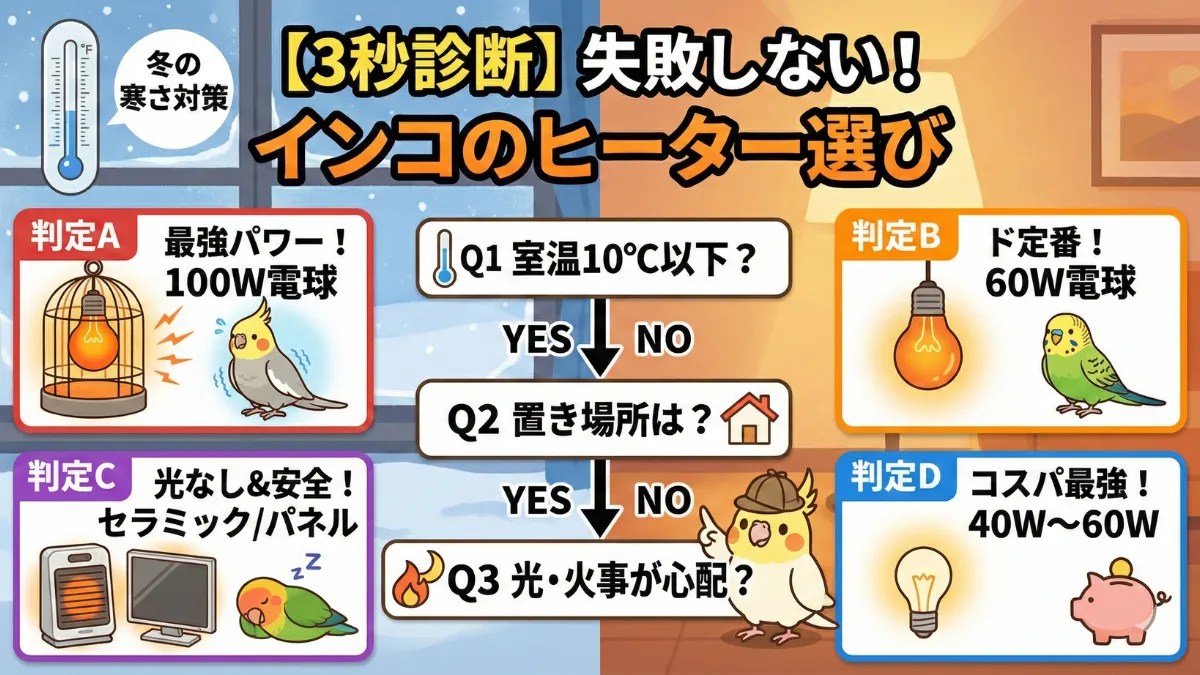 インコ用ヒーター選び診断フローチャート。室温10℃以下なら100W電球、15℃以上ならパネル型を推奨する3つの質問形式の診断図