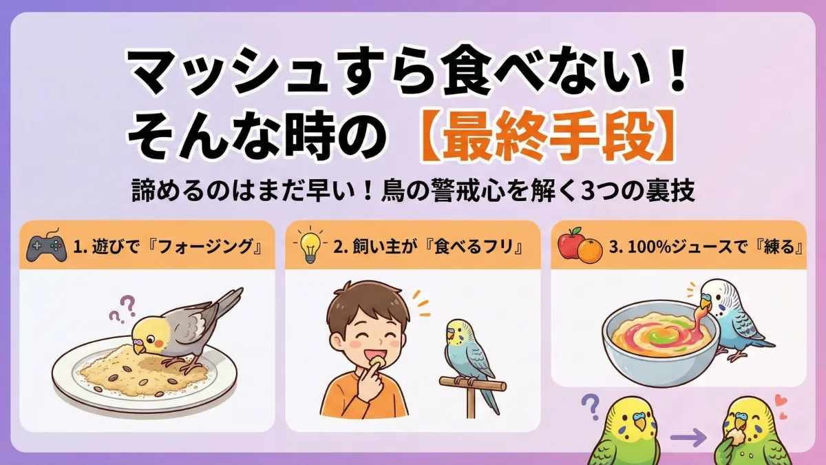 ハリソンマッシュをフォージングに活用する方法を示した画像。おやつの中に混ぜて警戒心を解く工夫。