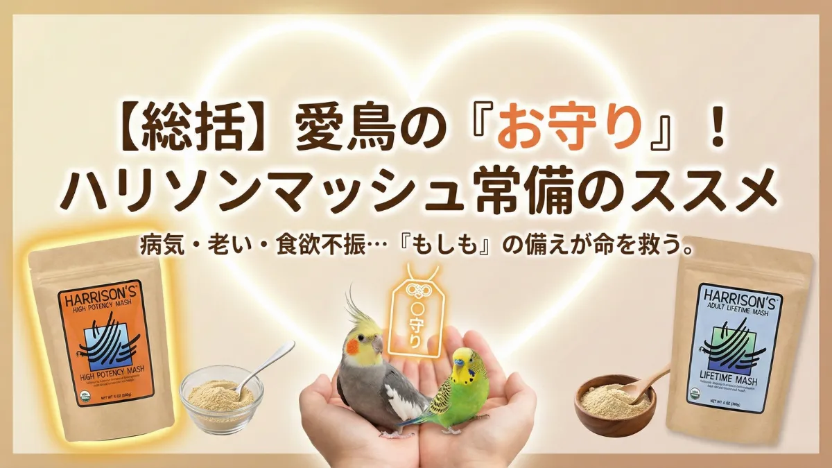 ハリソンマッシュを常備することで愛鳥の健康を守れることを示した画像。緊急時対応の重要性。
