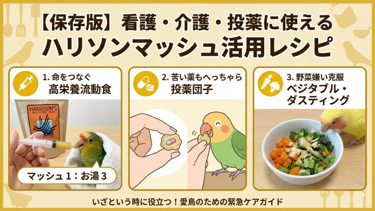 ハリソンマッシュを使った流動食と団子の作り方を示した画像。病鳥ケアや投薬時の活用例。