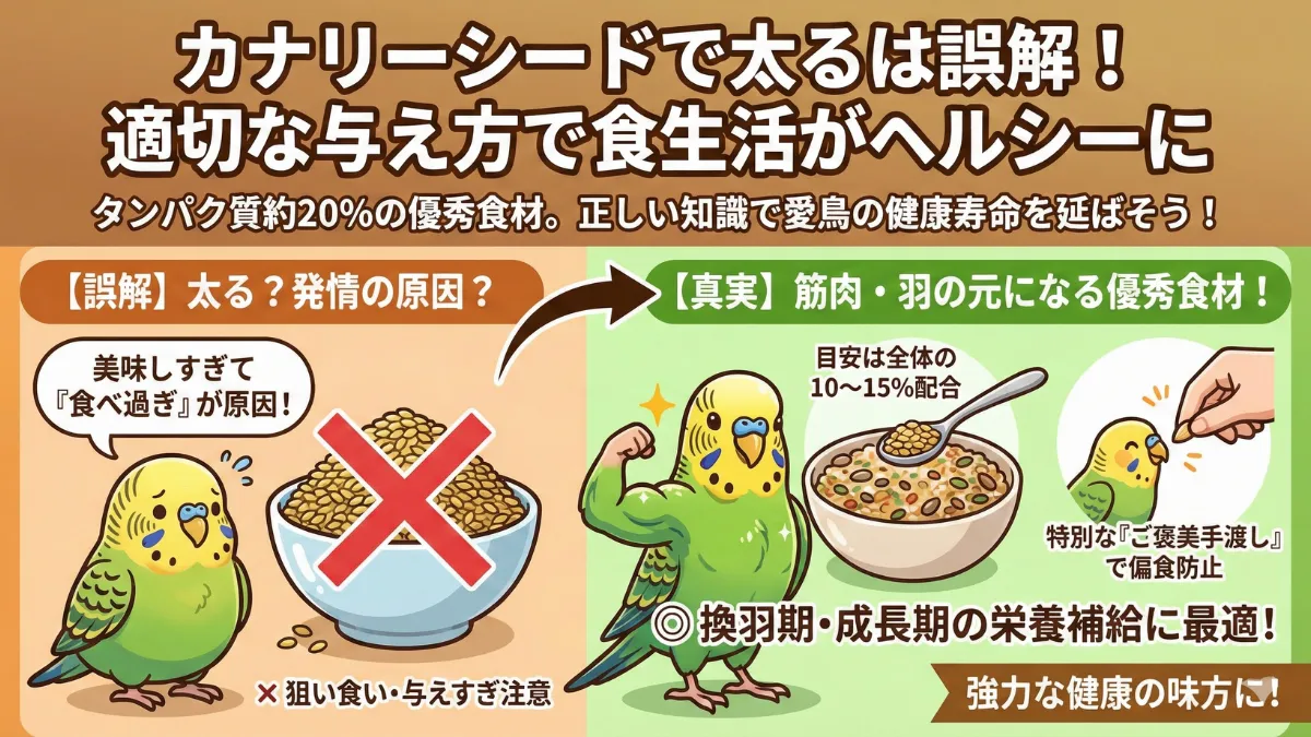 カナリーシードを適正量（10～15%）で与えて健康的な食生活を送るインコのイメージ画像。タンパク質20.3%の栄養価を示すテキスト入り。