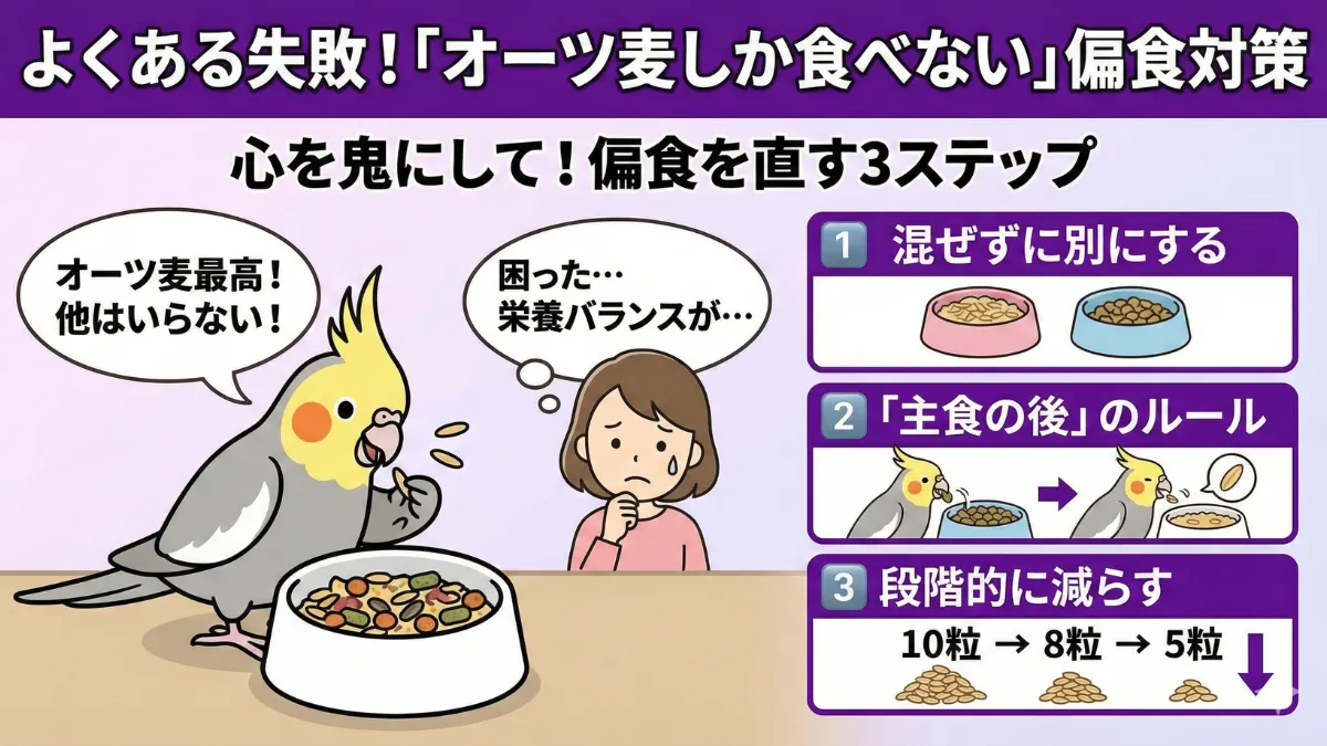 オーツ麦ばかり選んで食べるインコ。嗜好性が高すぎて偏食になる失敗例と改善方法。