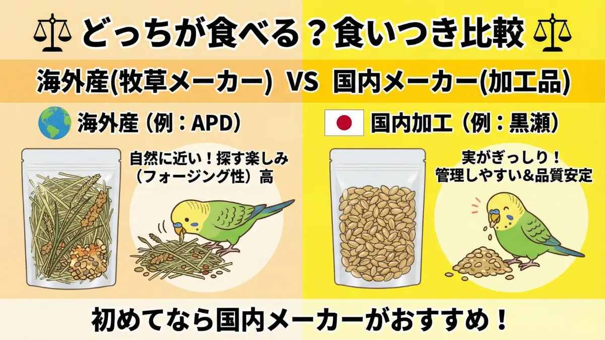 オーチャードグラスの海外産と国内メーカー品の比較画像。APDなど牧草メーカーと黒瀬ペットフードの違いを解説。