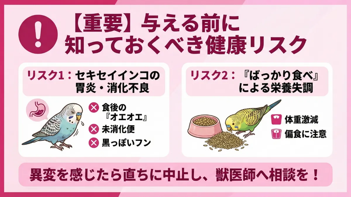 オーチャードグラスの健康リスクを示す画像。セキセイインコの胃炎や消化不良、偏食による栄養失調の注意点を解説。