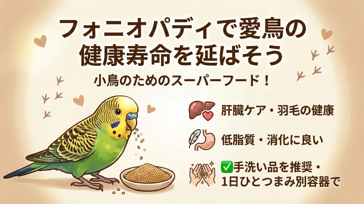 フォニオパディを楽しむインコの健康的な姿。適切な活用で愛鳥の健康寿命をサポート