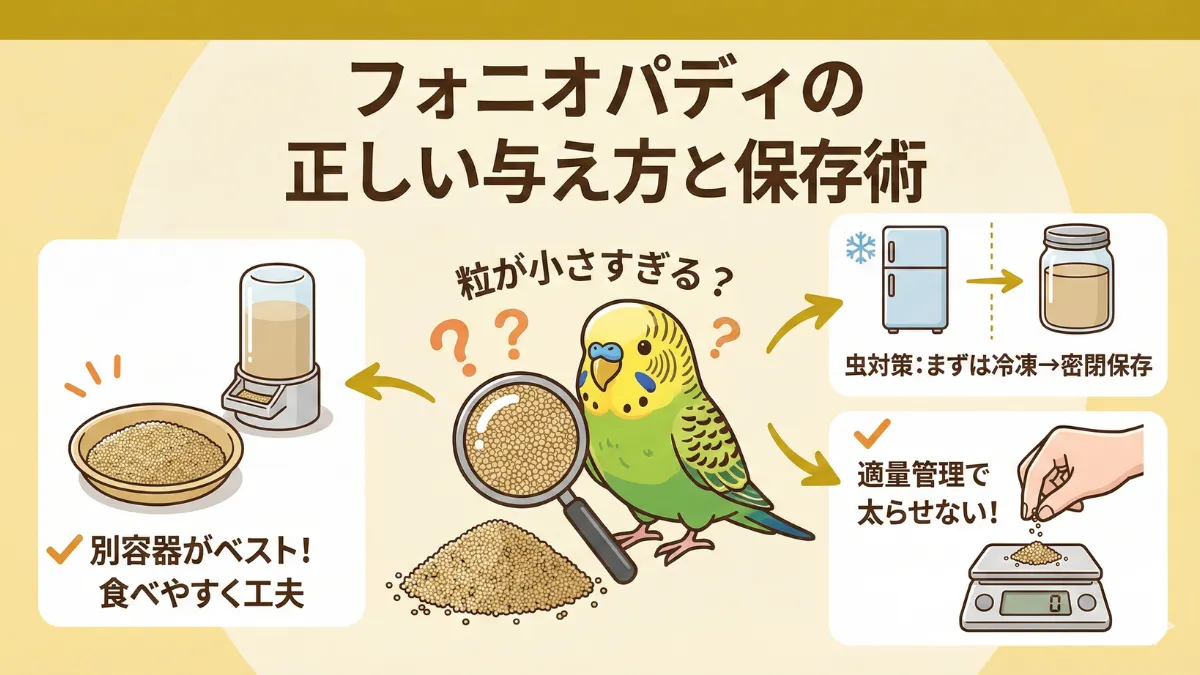 フォニオパディ専用の小さな餌入れの使用例。浅い容器に入れることで小鳥が食べやすく最後まで完食できる