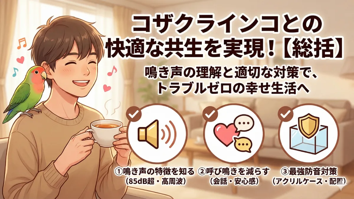 コザクラインコと飼い主が幸せに共生している様子。防音対策と愛情で築いた快適な関係性を示した画像