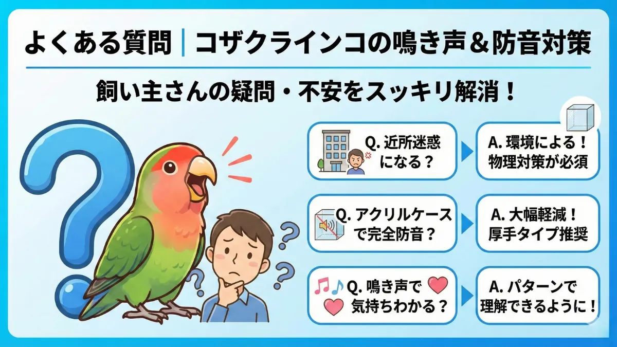 コザクラインコの鳴き声や防音対策について質問する飼い主。よくある疑問と解決策を示した画像