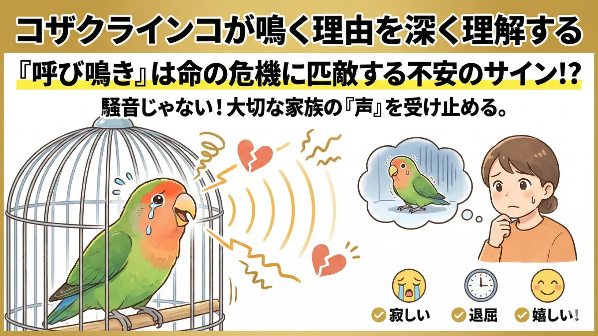不安そうに呼び鳴きするコザクラインコ。群れで生活する習性から、ひとりぼっちを恐れる様子を示した画像