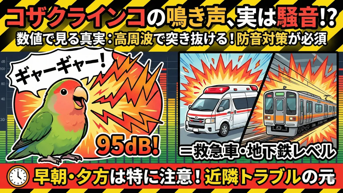 コザクラインコの鳴き声の騒音レベル85～95dBを示すグラフ。救急車や地下鉄車内と比較した音量の大きさ