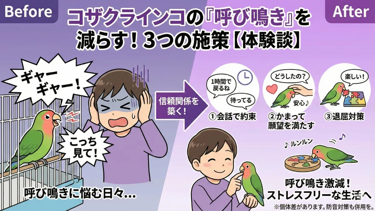 コザクラインコと会話する飼い主。呼び鳴きを減らすためのコミュニケーション方法を実践している様子