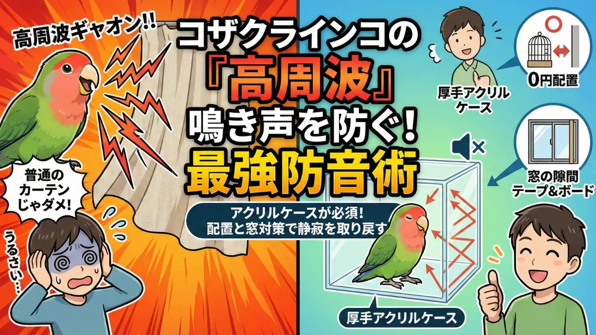 アクリルケース内のコザクラインコ。高周波の鳴き声を遮断する防音効果と保温効果を兼ね備えたケース