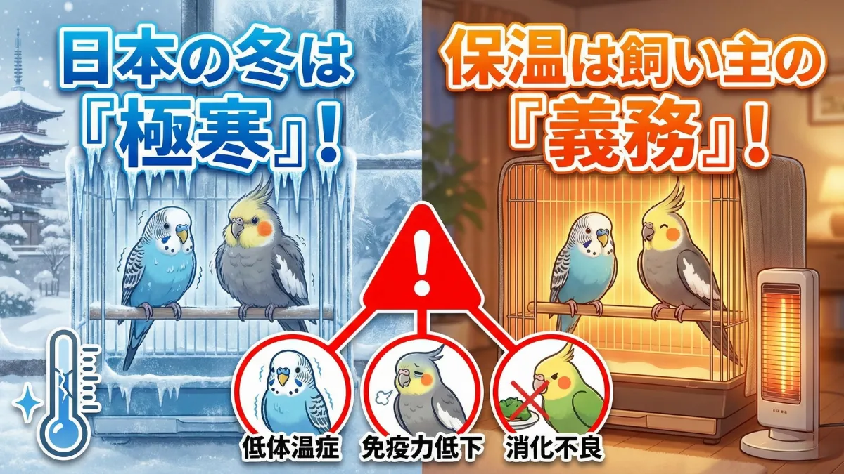 羽を膨らませて寒そうにしているインコ。日本の冬がインコにとって極寒の地であることを示す画像。