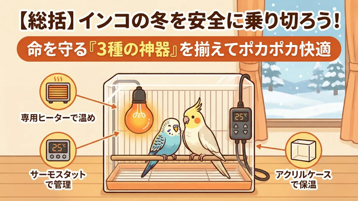 インコの冬を安全に乗り切るための3種の神器まとめ。ヒーター・サーモスタット・アクリルケースで完璧な保温環境。