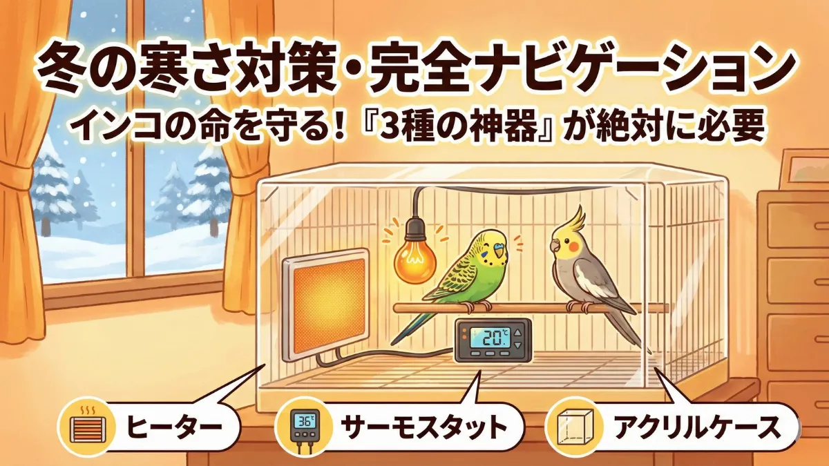 インコの冬を守る3種の神器を示す画像。ペットヒーター・サーモスタット・アクリルケースの3つが必須装備。