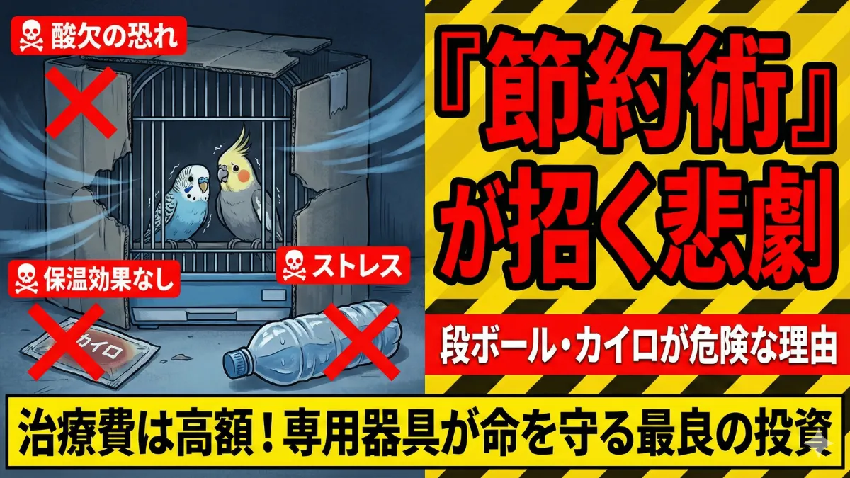 段ボール・カイロ・湯たんぽでの保温が危険な理由を示す画像。専用器具を使わない節約術は事故の元。