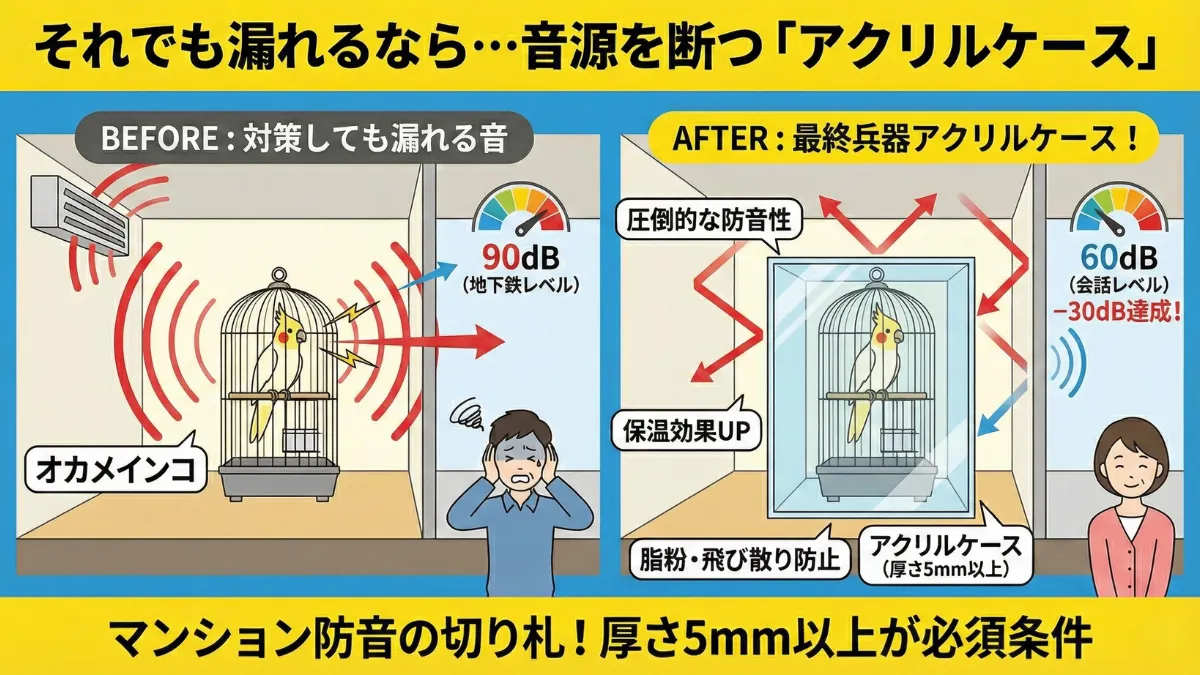 インコケージを覆う厚さ5mmのアクリルケース。-20~30dBの防音効果で地下鉄レベルの騒音が会話レベルに減衰。