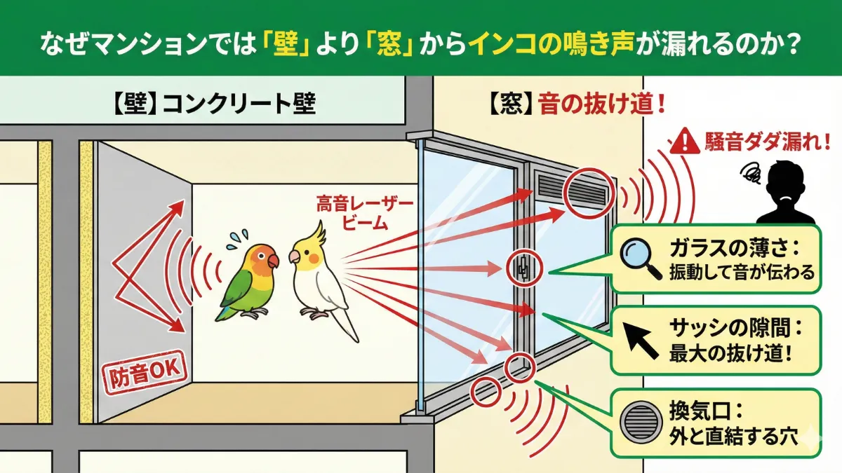 マンションの窓から外へ音が漏れる様子を示す画像。窓ガラスとサッシの隙間がインコの鳴き声の最大の抜け道に。