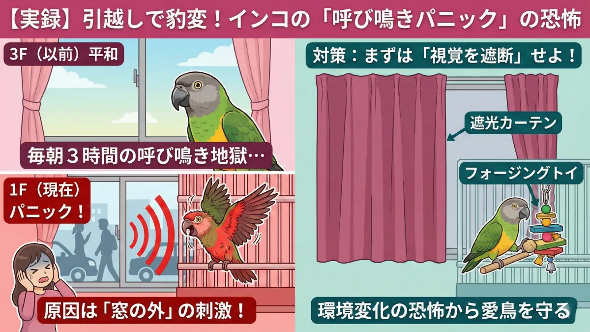 引越し後の環境変化で呼び鳴きとパニックを起こすセネガルパロットの画像。1階の窓から見える人や車がストレスの原因に。