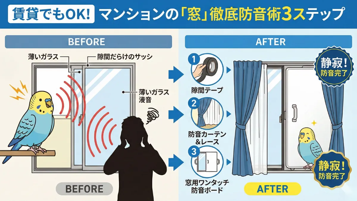 窓のサッシに隙間テープを貼り、防音カーテンとワンタッチ防音ボードで対策した賃貸マンションの窓の画像。