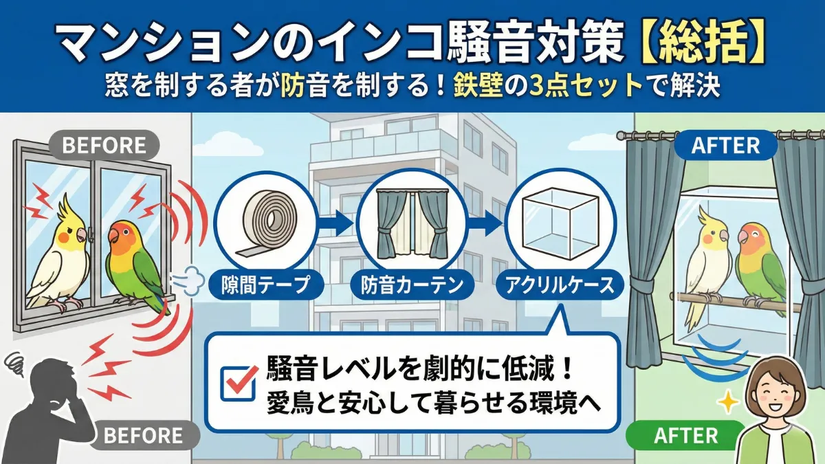 窓の隙間埋めと防音ボードによる完璧な防音対策を施したマンションの窓。インコの鳴き声を遮断する最終形。