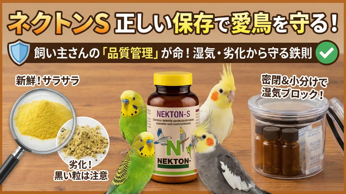 ネクトンSの正しい保存方法のまとめ画像。密閉容器と乾燥剤、小分け運用で品質を守り、愛鳥の健康な毎日を支える。