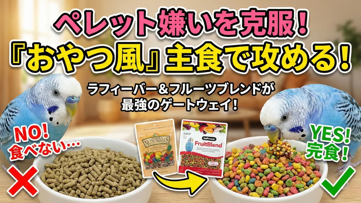 嗜好性が高く偏食インコでも食べやすいラフィーバーやズプリームフルーツブレンドのペレット紹介画像。