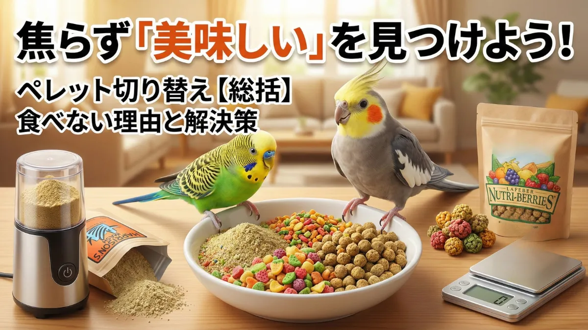 ペレット切り替えに成功した健康で幸せそうなインコの姿。愛情と根気で必ず成功できる。
