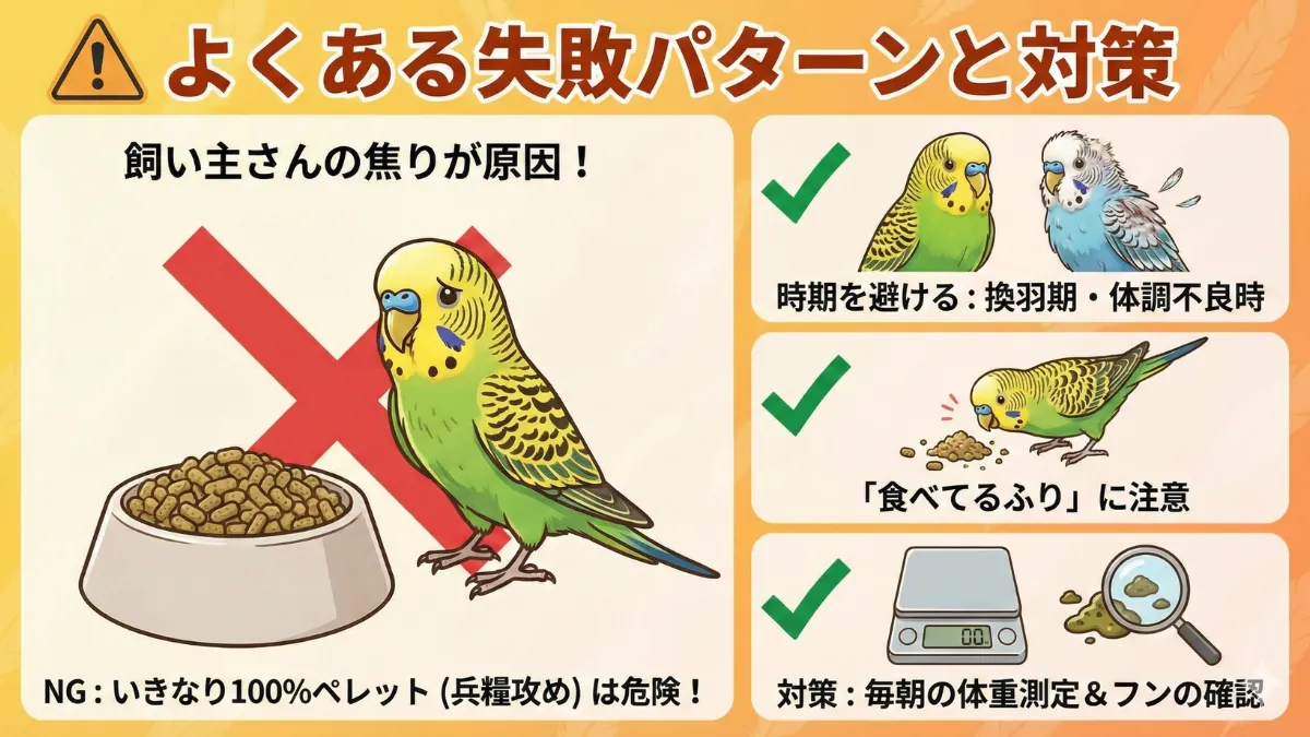 ペレット切り替えの失敗例を示す画像。左に×マークと「いきなり100%切り替え」、右に○マークと「段階的な移行」が対比されている。