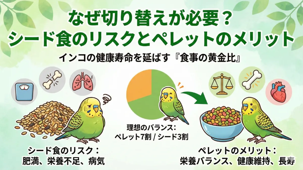 シード食とペレット食を比較した画像。左側にシード（種子）の山、右側に色とりどりのペレットが並び、栄養バランスの違いを視覚的に表現。