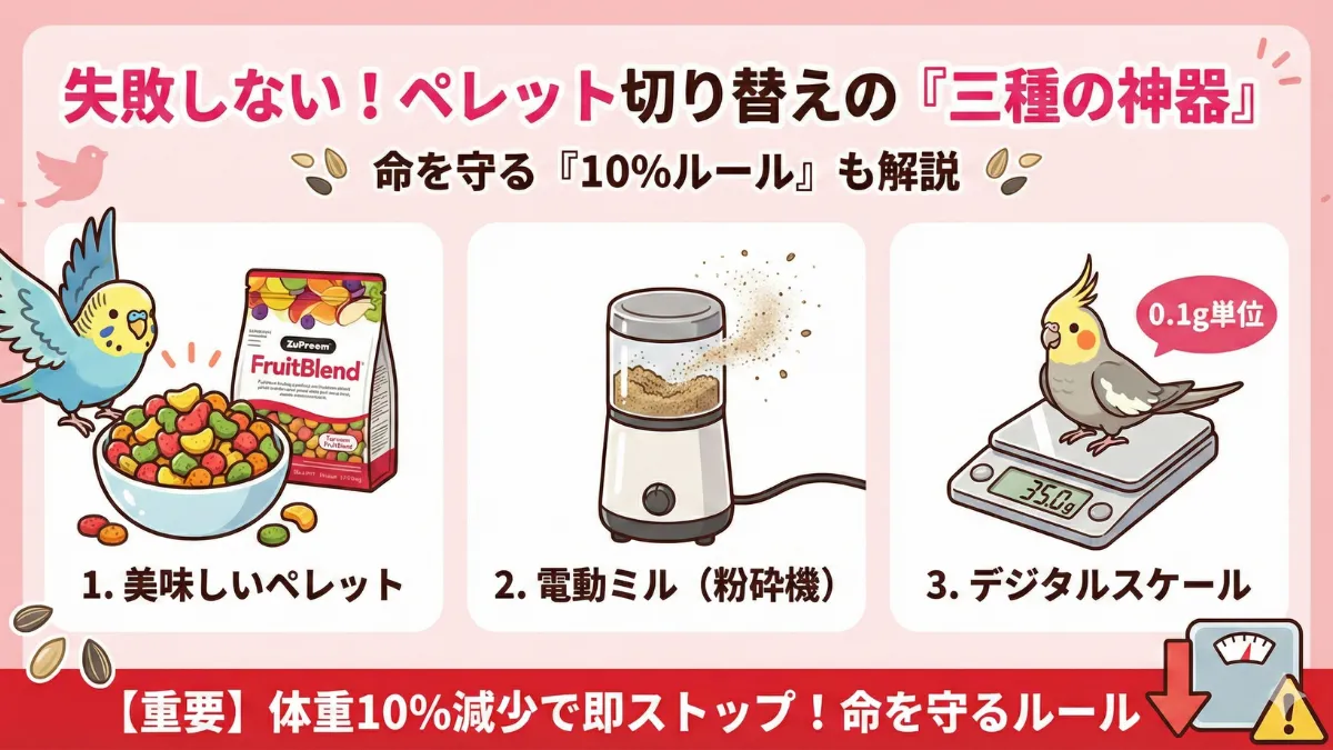 ペレット切り替えに必要な3つのアイテムの画像。美味しいペレット・電動ミル（粉砕機）・デジタルスケールが並んでいる。