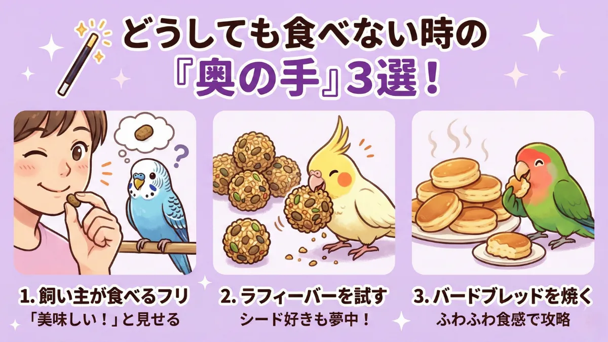 ペレットを食べないインコへの対策を示す画像。飼い主がペレットを食べるフリをする様子、ラフィーバー、バードブレッドなど代替案が並んでいる。
