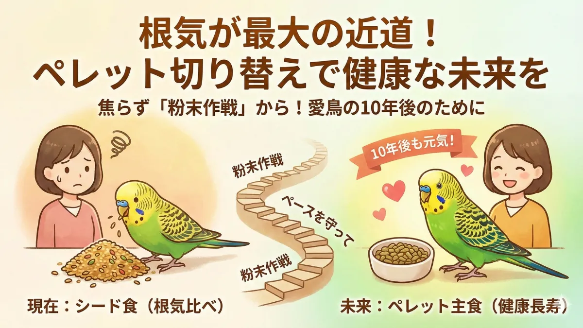 ペレットを食べる健康なインコの画像。飼い主の手からペレットを受け取り、満足そうに食べている様子。背景には成功を祝福する雰囲気。