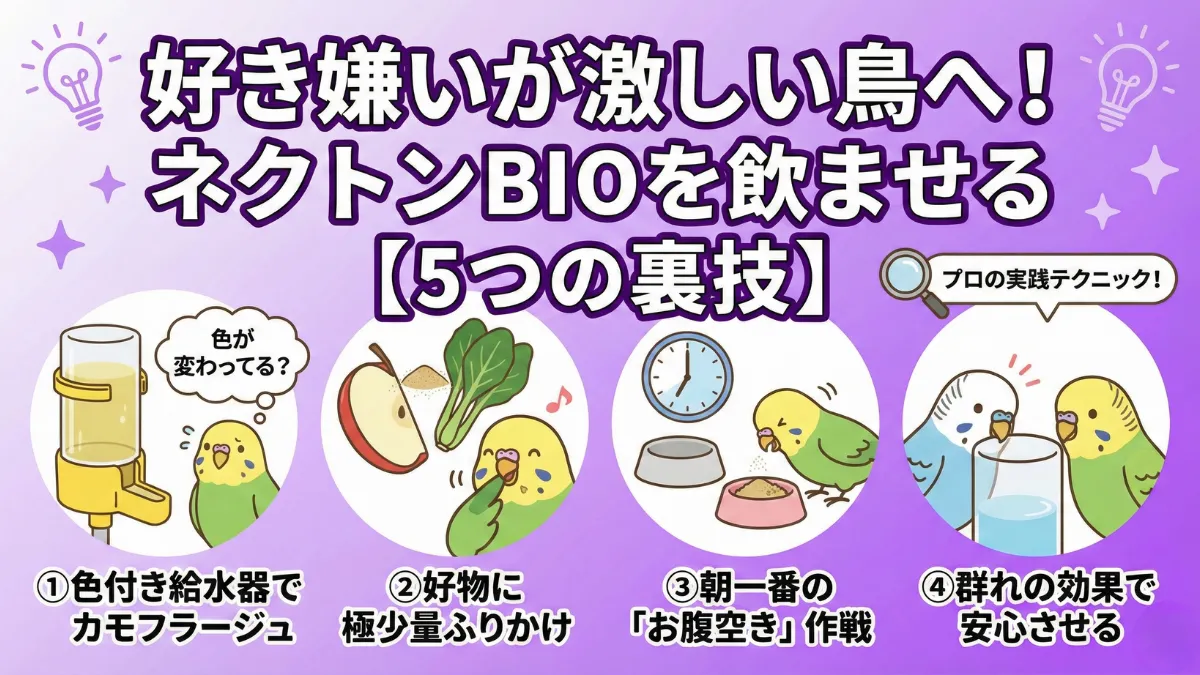 インコが黄色い給水器から水を飲む様子。好き嫌いが激しい鳥へのネクトンBIO投与の工夫を示す画像。