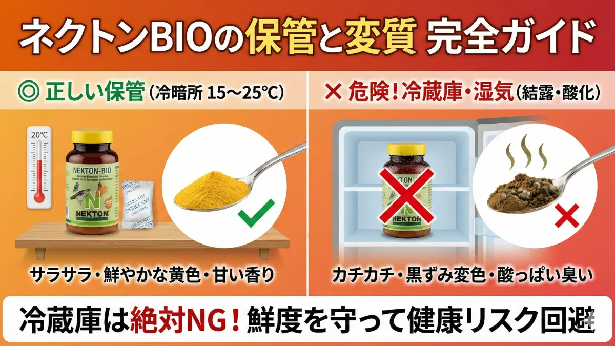 ネクトンBIOの正しい保管方法を示す画像。冷暗所での保存容器と湿気対策の重要性を視覚的に表現。