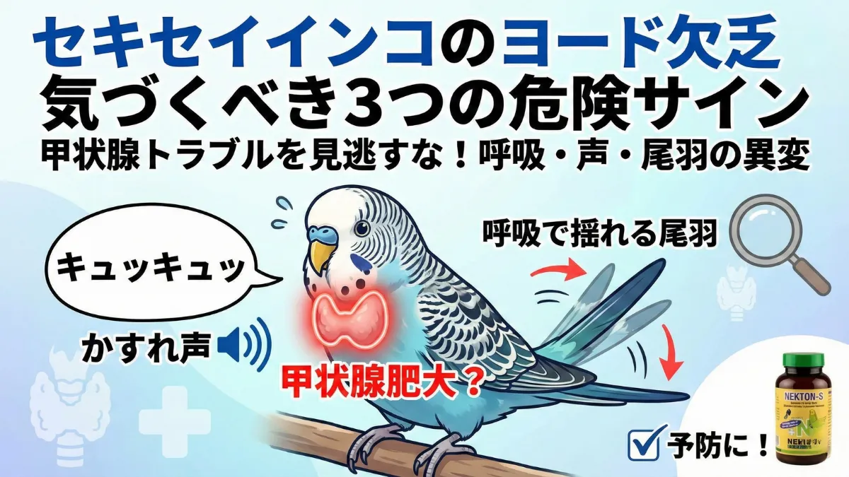 セキセイインコのヨード欠乏による甲状腺腫のリスクを示す画像。呼吸音異常や声の変化に注意。