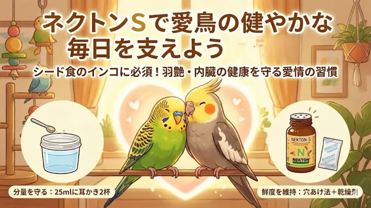 ネクトンSで愛鳥の健康を支える総括画像。正しい分量と鮮度維持で健やかな毎日をサポート。
