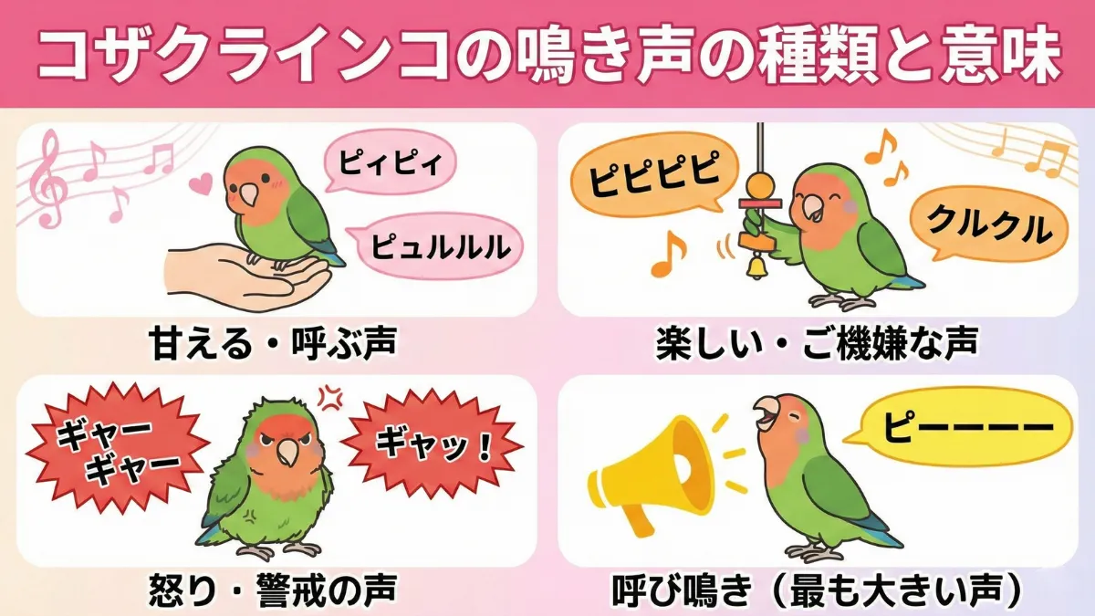 コザクラインコの鳴き声の種類を示す画像。ピィピィやギャーギャーなど、様々な鳴き方をするコザクラインコ