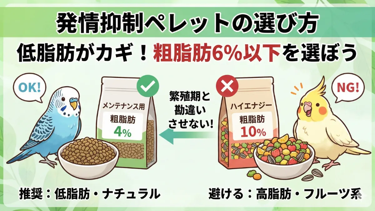 発情抑制に効果的な低脂肪ペレットと通常ペレットの比較。粗脂肪6%以下が発情対策の合格ライン。