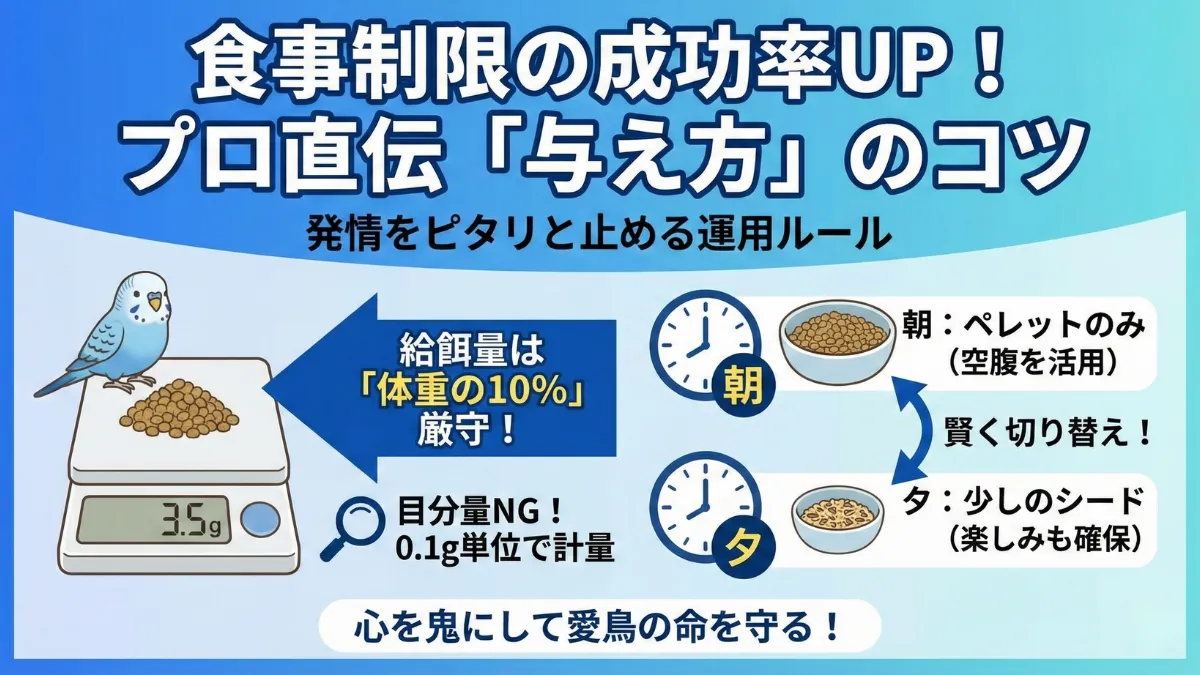 低脂肪ペレットの正しい与え方。体重の10%を厳守し0.1g単位で計量する様子。