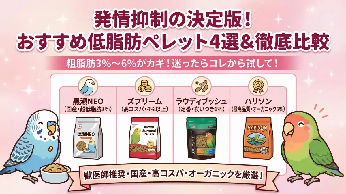 発情抑制に最適な低脂肪ペレット4種の比較。黒瀬NEO3.0%、ズプリーム4.0%、ラウディブッシュ6.0%、ハリソン6.0%。