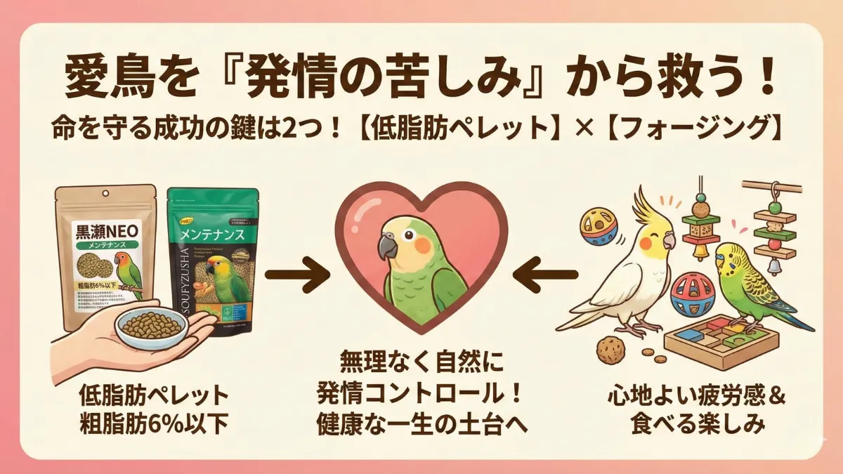 低脂肪ペレットとフォージングの組み合わせで発情抑制に成功したインコの健康的な姿。