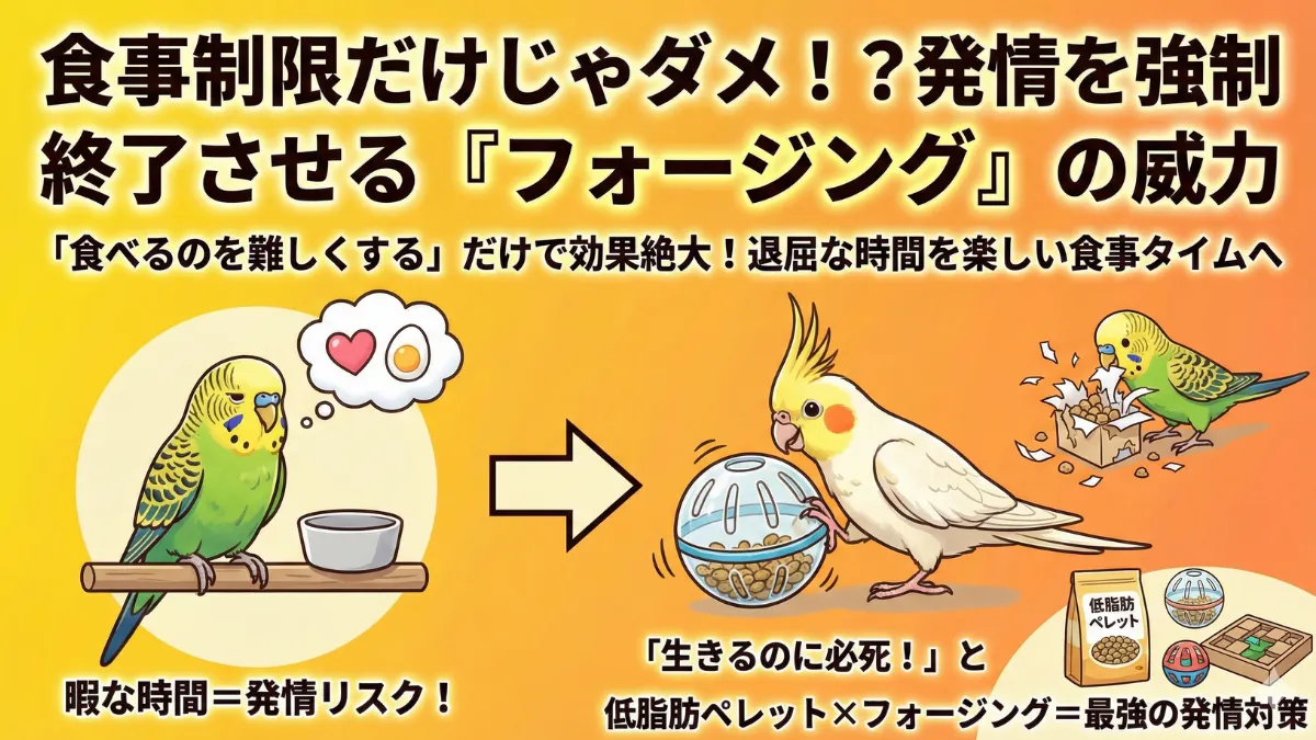 インコがフォージングトイで遊びながら餌を食べる様子。退屈な時間を減らして発情抑制に効果的。