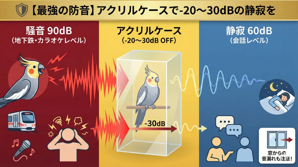 アクリルケースに入ったインコのケージと、-20~30dBの高い防音効果で静かな夜を実現している様子を示した画像