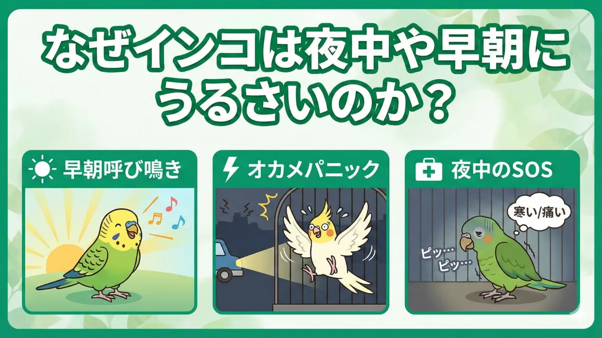 日の出の光に反応して早朝に鳴くインコと、夜の暗闇で不安そうにしているオカメインコの姿を描いた画像