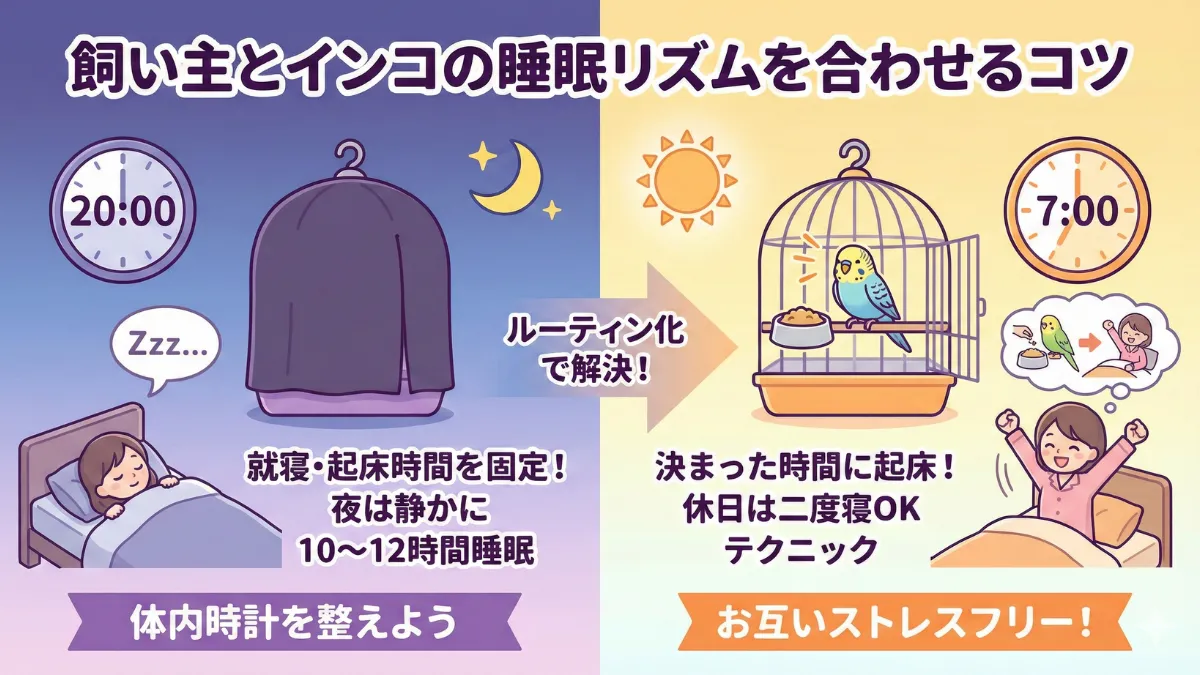 決まった時間にカバーを掛けて就寝するインコと、規則正しい生活リズムで健康を維持している飼い主の様子を描いた画像