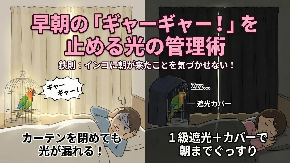 1級遮光カーテンで完全に遮光された部屋のインコのケージと、光の管理で早朝の呼び鳴きを防ぐ対策を示した画像