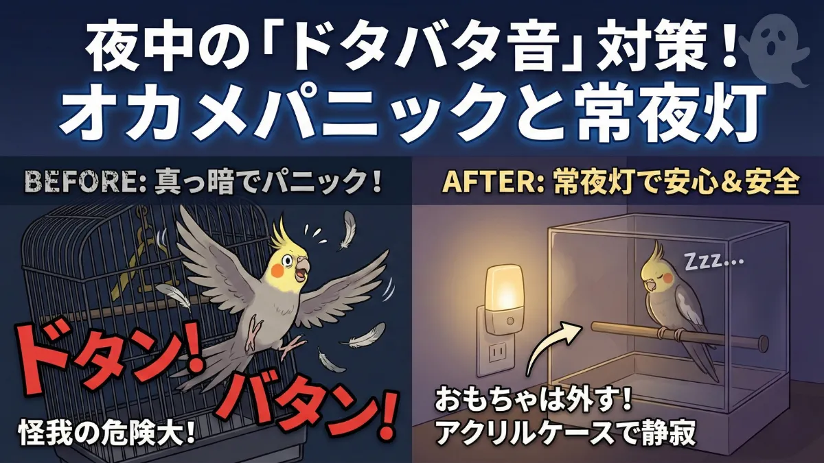 常夜灯(ナイトライト)が灯る夜のケージと、パニックを起こさず安心して眠るオカメインコの姿を描いた画像